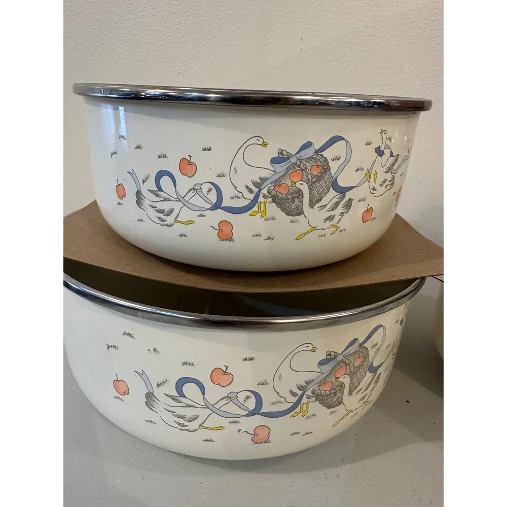 Vintage Enamelware Nesting Bowls Set Geese Blue Ribbon Farmhouse 4 Piece